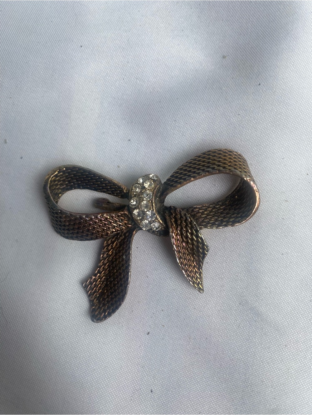 Vintage Bronze Bow Brooch with Clear Rhinestones